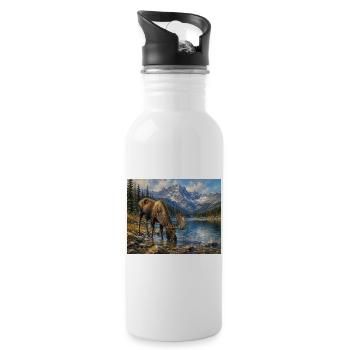 Alpen-Elch am Bergsee - Trinkflasche mit integriertem Trinkhalm - Weiß - Rechts