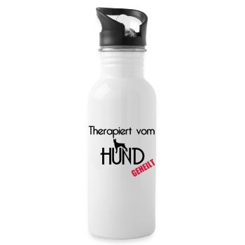 Therapiert vom Hund Hunde Tier Haustier Geschenk - Trinkflasche mit integriertem Trinkhalm - Weiß - Rechts
