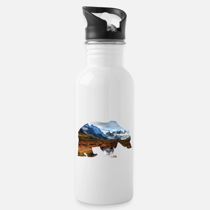 Bär Gebirge - Trinkflasche mit integriertem Trinkhalm - Weiß