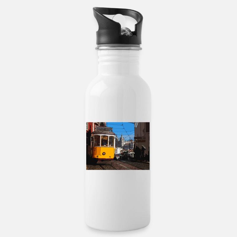 Straßenbahn in Lissabon - Trinkflasche mit integriertem Trinkhalm - Weiß
