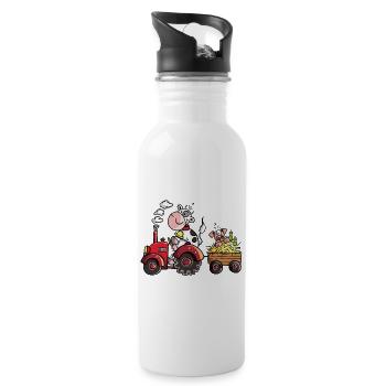 Kuh fährt Schwein - Trinkflasche mit integriertem Trinkhalm - Weiß - Rechts