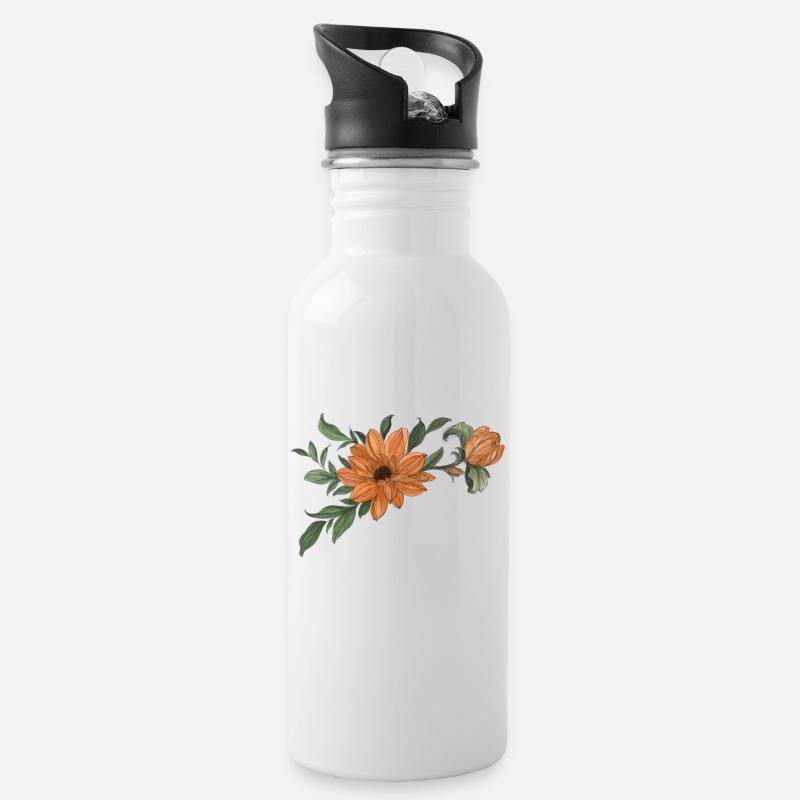 Blume Orange mit Knospe - Trinkflasche mit integriertem Trinkhalm - Weiß