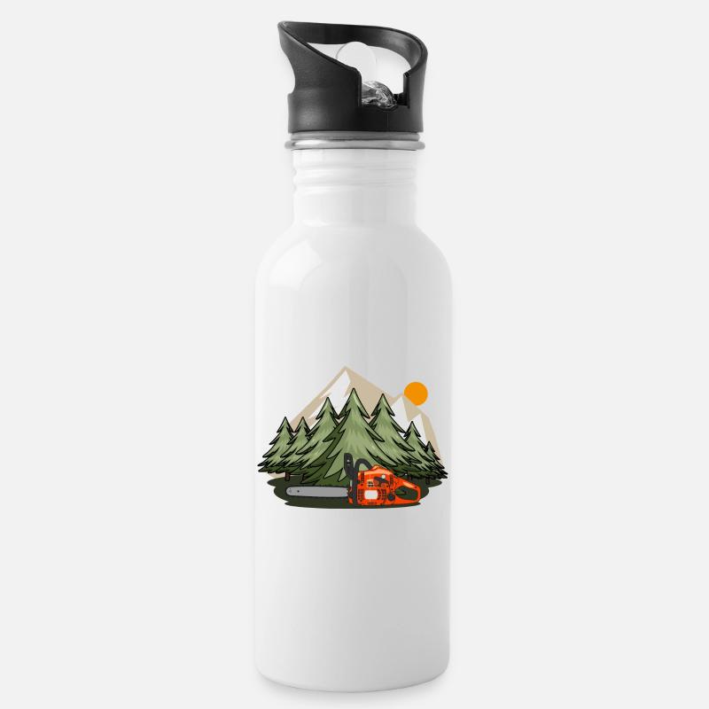 Kettensäge mit Wald und Bergen - Trinkflasche mit integriertem Trinkhalm - Weiß