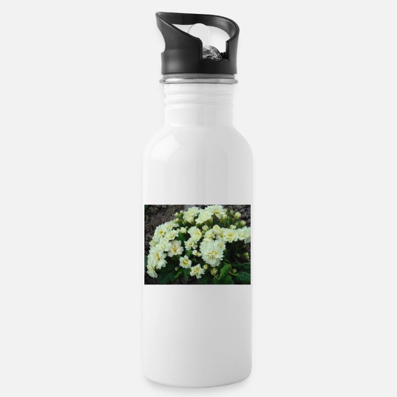 Weiße gefüllte Duftprimeln im Frühling - Trinkflasche mit integriertem Trinkhalm - Weiß