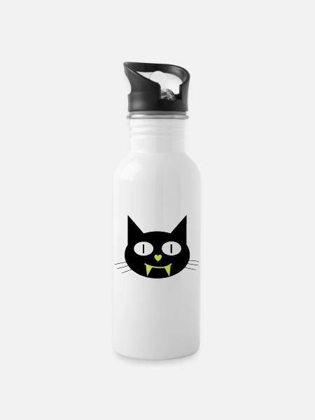 Halloween Vampir-Katze mit Eckzähnen - Trinkflasche mit integriertem Trinkhalm - Weiß