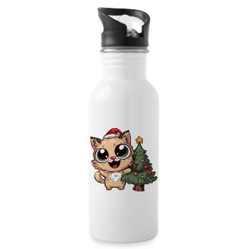 Crazy and funny cat with a christmas ba - Water bottle with straw - white - Right