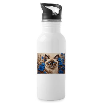 chat fleurs bleues - Gourde avec paille intégrée - blanc - Droite