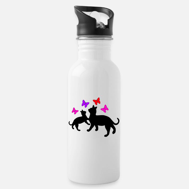 Katzen und Schmetterlinge - Trinkflasche mit integriertem Trinkhalm - Weiß