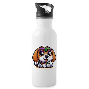 Mardi Gras Beagle: Hund mit Maske und Perlen - Trinkflasche mit integriertem Trinkhalm - Weiß - Rechts