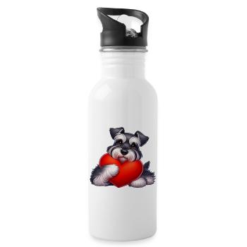 Schnauzer Hugging a Red Heart Pillow Drawing - Water bottle with straw - white - Right