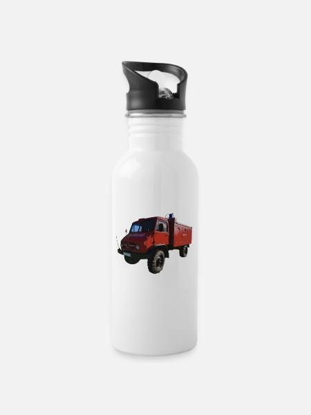 Feuerwehr Unimog - Feuerwehrauto - Feuerwehrunimog - Trinkflasche mit integriertem Trinkhalm - Weiß