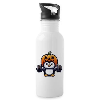 Halloween Penguin with Dumbbell Weightlifting Pumpkin - Water bottle with straw - white - Right