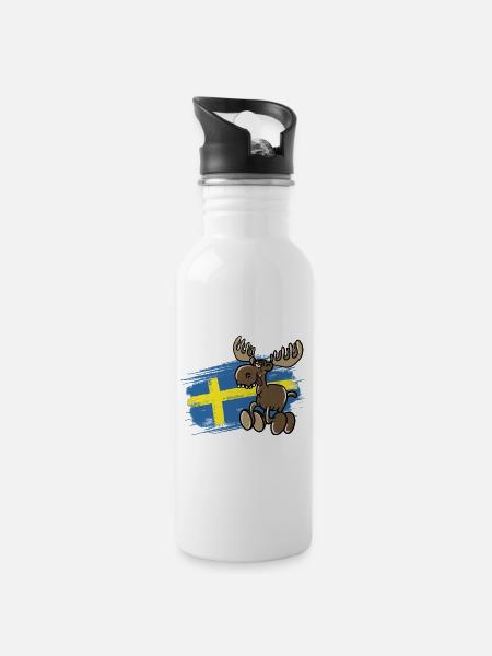 Schweden - Elch - Flagge - Trinkflasche mit integriertem Trinkhalm - Weiß