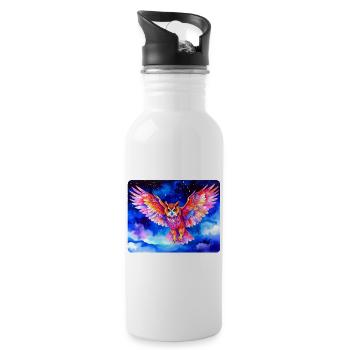 Bunter Uhu vor Sternenhimmel - Trinkflasche mit integriertem Trinkhalm - Weiß - Rechts