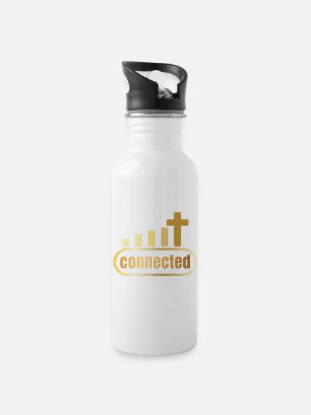 Connected - Kreuz - gold - christlich - Trinkflasche mit integriertem Trinkhalm - Weiß