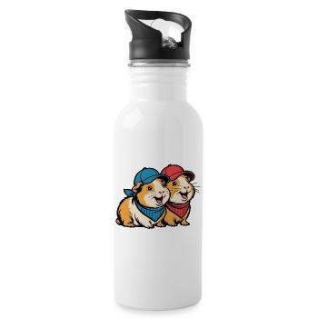 Cute Guinea Pig Friends – Funny Animal Motif - Water bottle with straw - white - Right