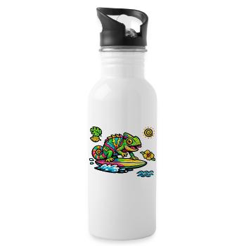 Colorful chameleon surfing art - Water bottle with straw - white - Right