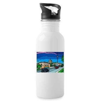 Retro City Straßenszene - Trinkflasche mit integriertem Trinkhalm - Weiß - Rechts
