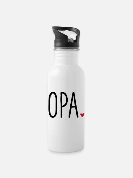 Opa Herz - Geschenk Enkel Liebe - Trinkflasche mit integriertem Trinkhalm - Weiß