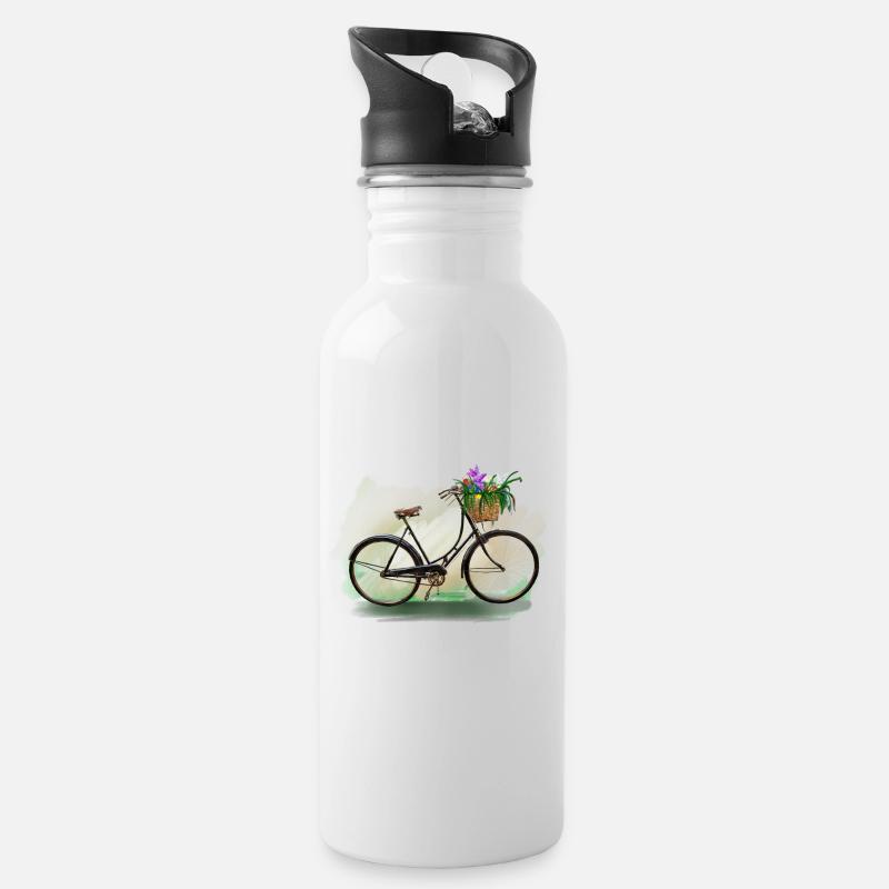 Blumenfahrrad mit Korb - Trinkflasche mit integriertem Trinkhalm - Weiß