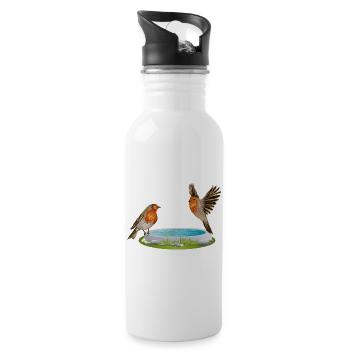 Vogeltränke mit zwei vergnügten Rotkehlchen - Trinkflasche mit integriertem Trinkhalm - Weiß - Rechts