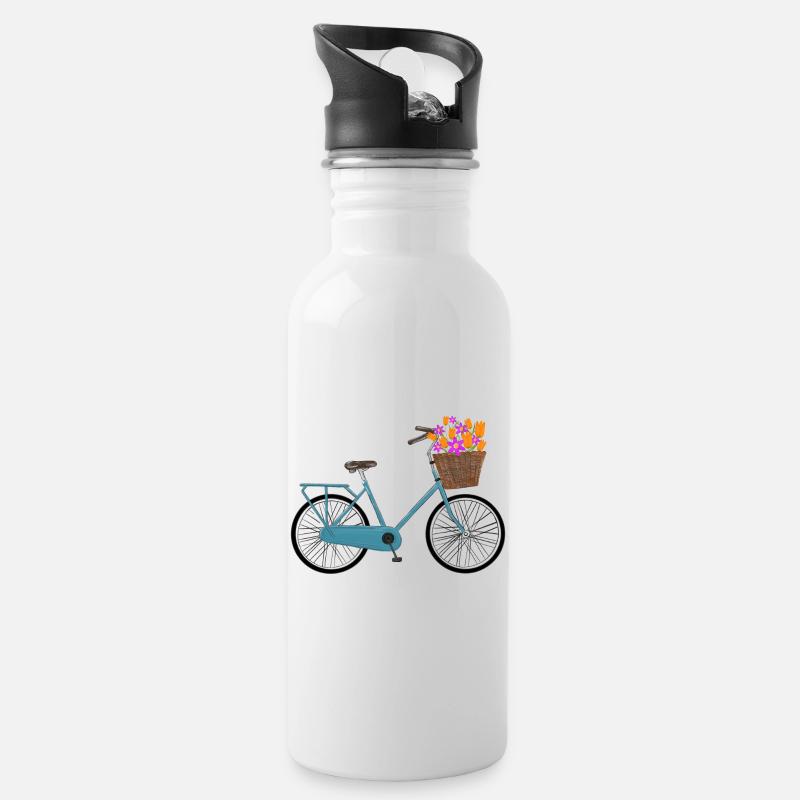 Fahrrad mit bunten Blumen im Korb - Trinkflasche mit integriertem Trinkhalm - Weiß