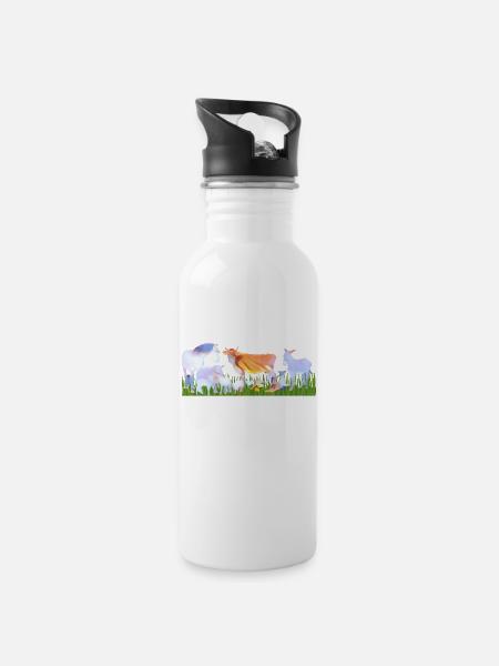 Bauernhoftiere / Tiere im Herzen - Trinkflasche mit integriertem Trinkhalm - Weiß