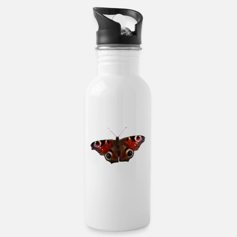 Tagpfauenauge Schmetterlinge bunt - Trinkflasche mit integriertem Trinkhalm - Weiß