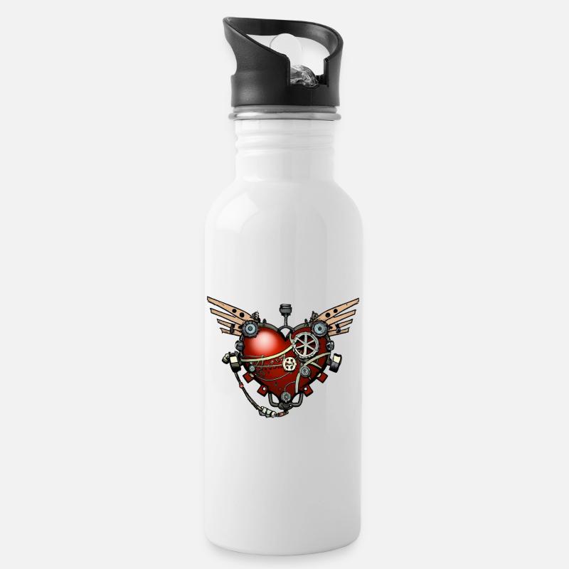 Steampunk Heart - Water bottle with straw - white