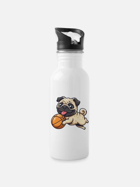 Basketball Mops: Ein vierbeiniger Basketballstar - Trinkflasche mit integriertem Trinkhalm - Weiß