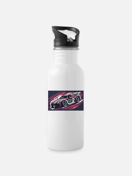 Pink Racecar - Water bottle with straw - white