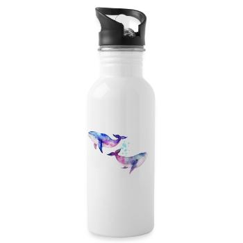 Two rainbow whales/cetaceans - Water bottle with straw - white - Right
