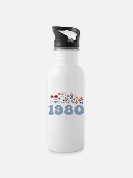 1980 Blumenmuster 1980 Blumen-thema Blumen 1980 - Trinkflasche mit integriertem Trinkhalm - Weiß