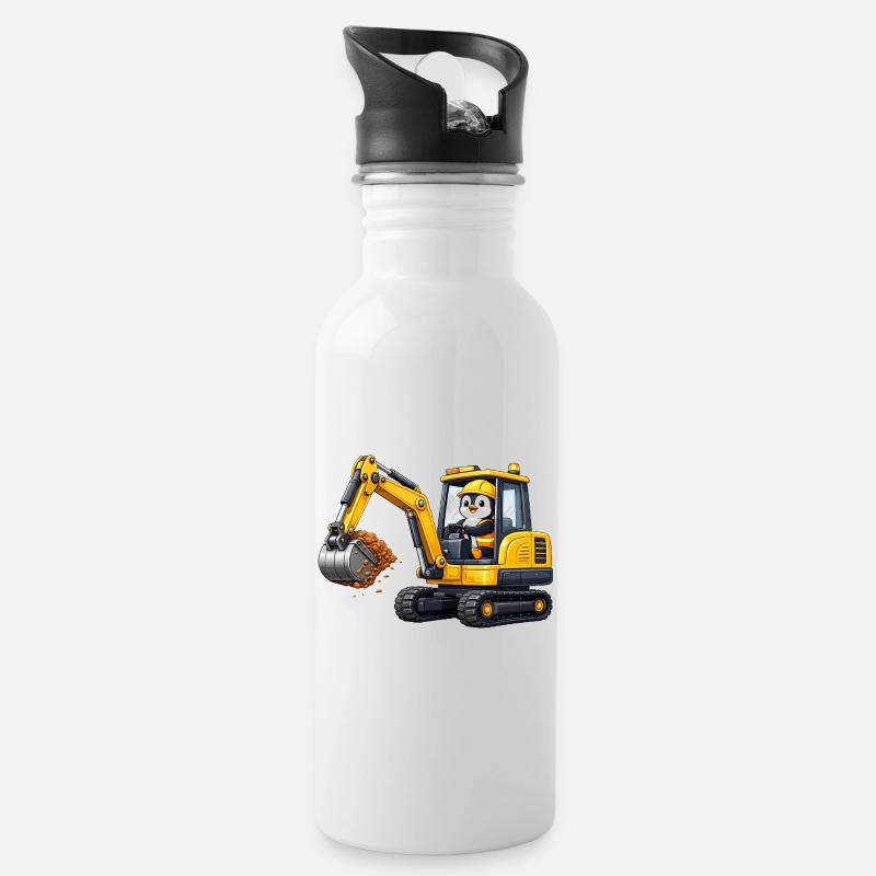Cute Penguin Excavator Driver Construction Worker Cartoon - Water bottle with straw - white
