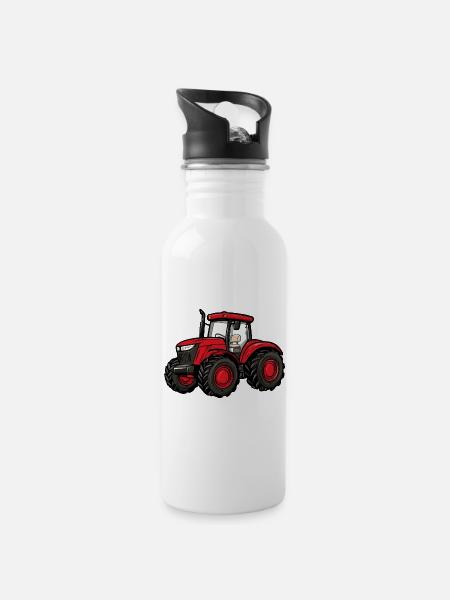 Roter Traktor Cartoon - Trinkflasche mit integriertem Trinkhalm - Weiß