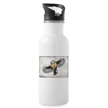 Vogel im Flug - handgeschnitzte Druckvorlage - Trinkflasche mit integriertem Trinkhalm - Weiß - Rechts