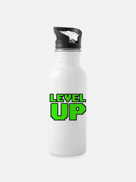 Retro Level Up Gaming T-Shirt 8Bit - Trinkflasche mit integriertem Trinkhalm - Weiß