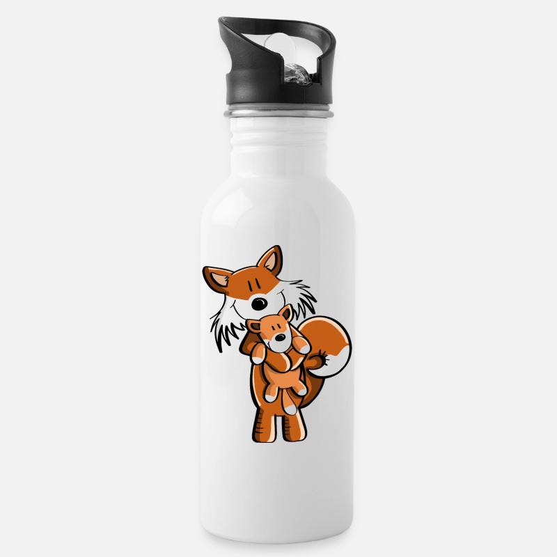 Fuchs mit Babyfuchs - Comic- Geschenk - Kinder - Trinkflasche mit integriertem Trinkhalm - Weiß
