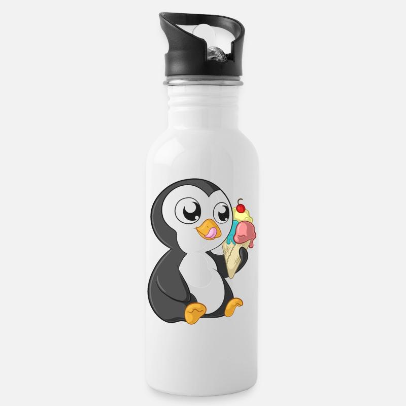 Sommer Comic Pinguin - Trinkflasche mit integriertem Trinkhalm - Weiß