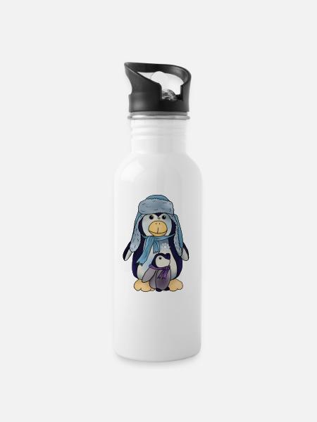 Pinguin mit Kind - Trinkflasche mit integriertem Trinkhalm - Weiß