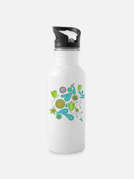 Blumenmuster - Trinkflasche mit integriertem Trinkhalm - Weiß