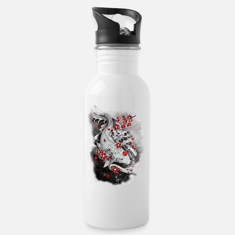Kohaku white koi carp surrounded by Sakura - Water bottle with straw - white