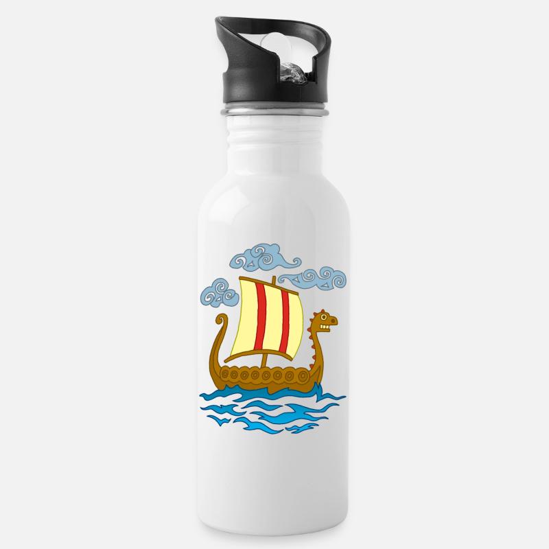 Lustiger Wikinger Drakkar - Trinkflasche mit integriertem Trinkhalm - Weiß