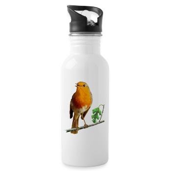 EUROPEAN ROBIN PAINTING - EUROPEAN GARDEN BIRDS, - Water bottle with straw - white - Right