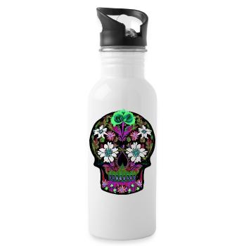 Floral Sugar Skull | Mexican Day of the Dead - Water bottle with straw - white - Right