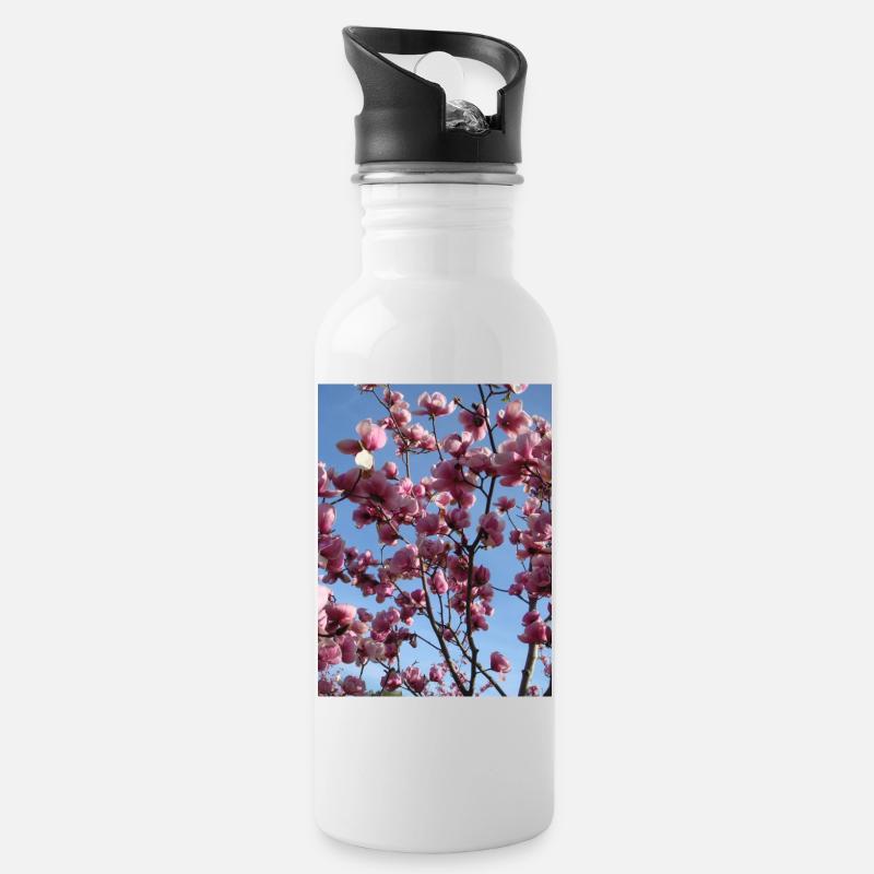 Branches de magnolia rose au printemps - Gourde avec paille intégrée - blanc
