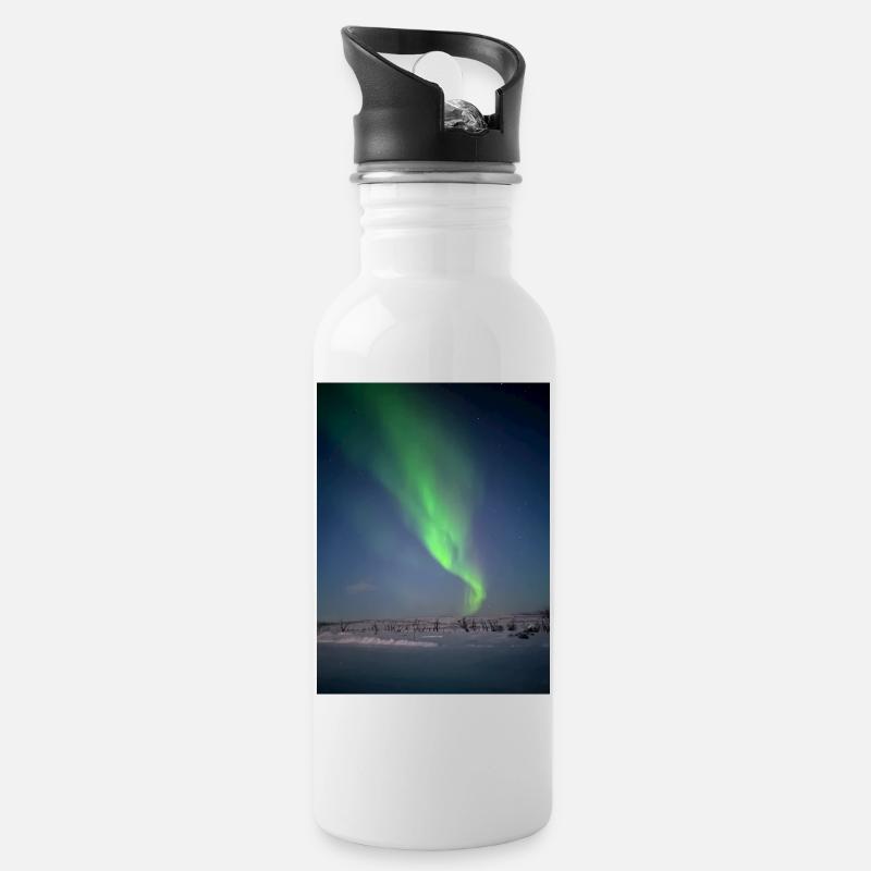 Nordlichter in der nächtlichen Winterlandschaft - Trinkflasche mit integriertem Trinkhalm - Weiß