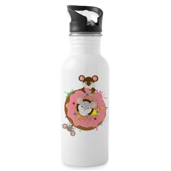 drei putzige Mäuse und ein Donut mit rosa Glasur - Trinkflasche mit integriertem Trinkhalm - Weiß - Rechts