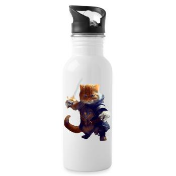 Katze als Ritter mit Schwert als tapferer Kämpfer - Trinkflasche mit integriertem Trinkhalm - Weiß - Rechts