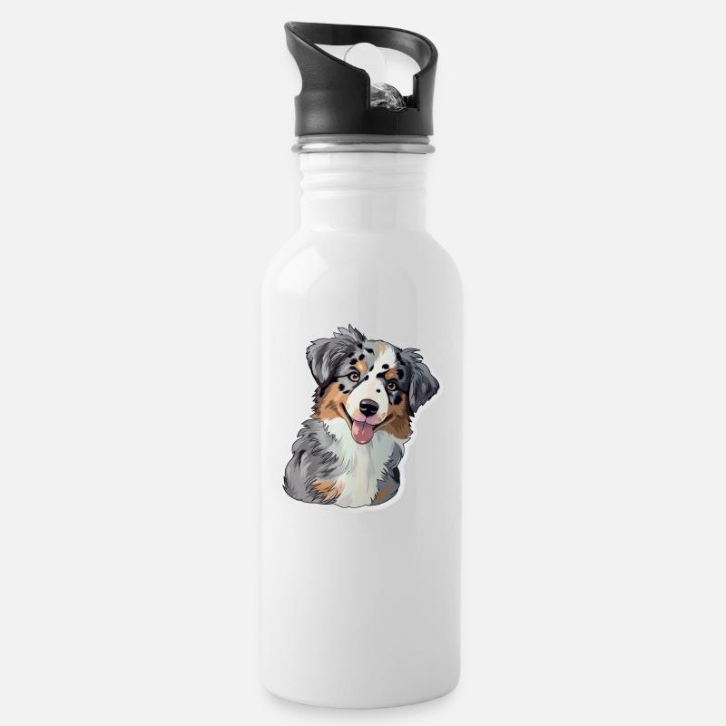 Süßer Australian Shepherd Welpe - Trinkflasche mit integriertem Trinkhalm - Weiß